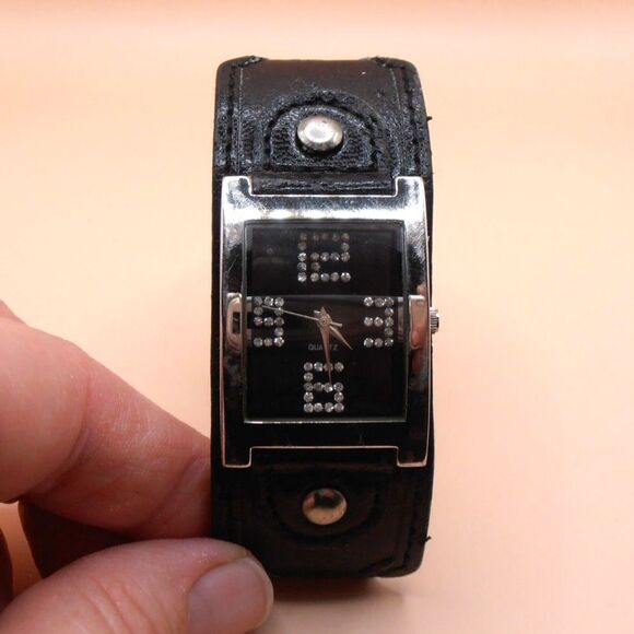 Unbranded Women's Black Watch w/ Leather Band and Rhinestone Numbers - AS IS - Picture 1 of 3